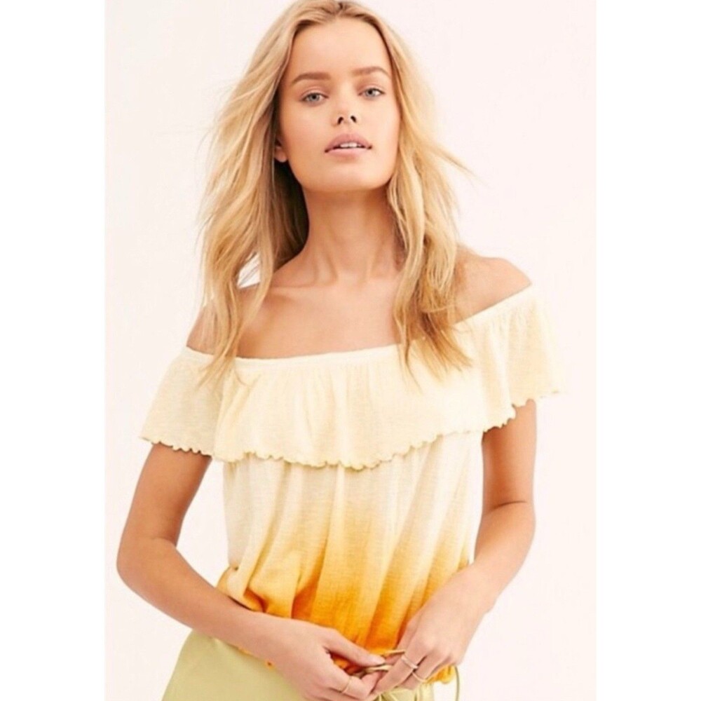 Free People Womens L Blouse Cora Lee Ombre Off Shoulder Ruffle Boho Top Orange